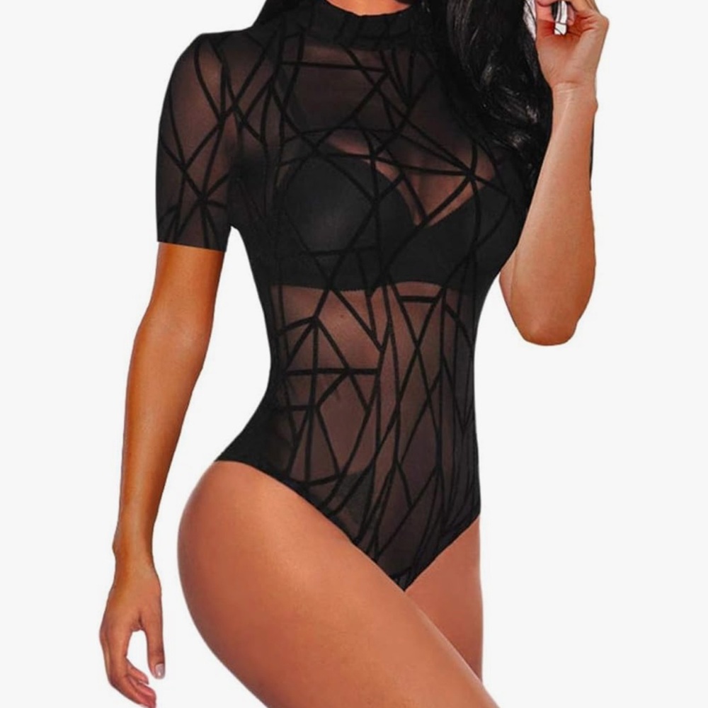 Amazon Black Geometric Sheer Bodysuit